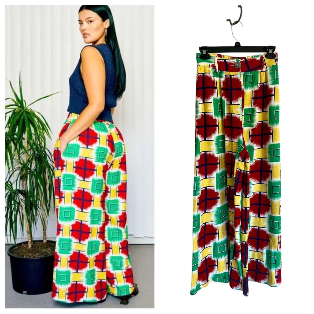Fashion Brand Company geometric print linen wide leg pants resort colorful XS